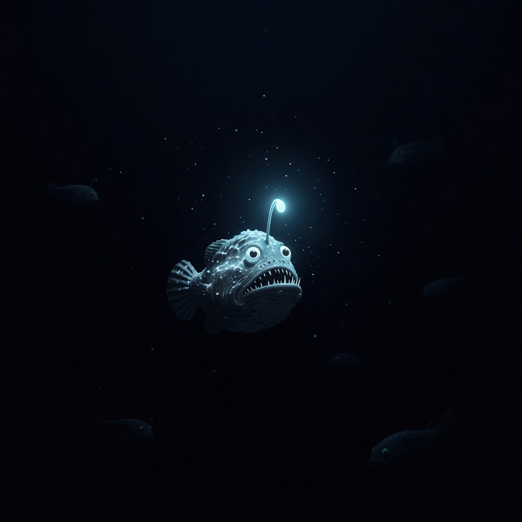 Glowing anglerfish in deep sea